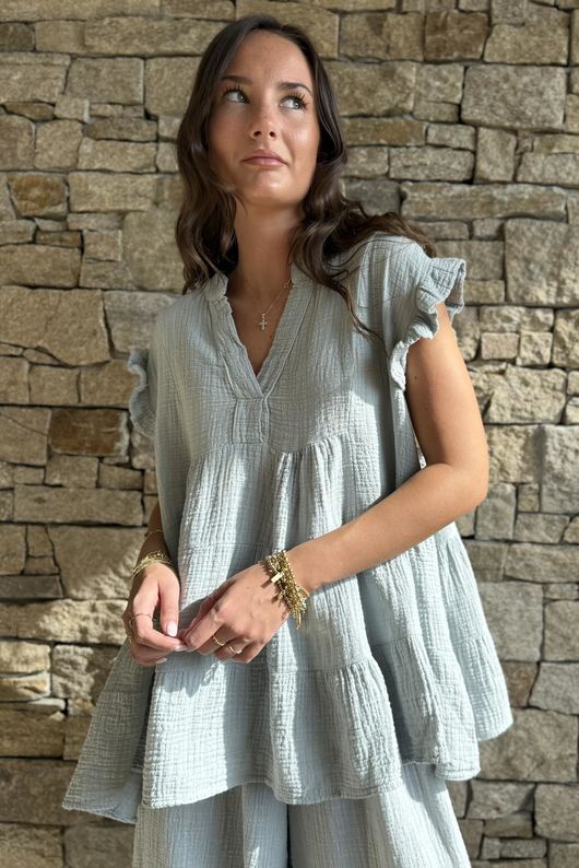 Tasha Cushion Cotton Cap Sleeve Tier Top Pearl